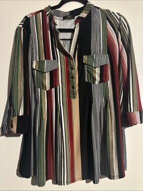 Striped Button-Front Tunic Top - Black Multi